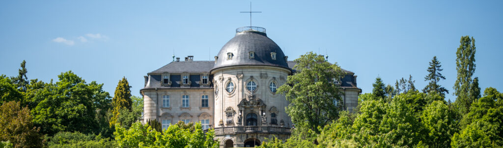 Historisches Schloss umgeben von üppigem grünem Wald