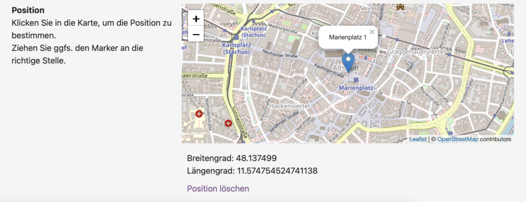 Interaktive Karte mit Standortmarkierung in München.